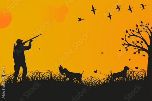 Against the background of the setting sun, a man with a dog hunts ducks. Vector graphics.