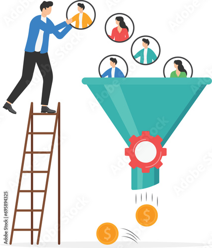 Lead generation gaining customers to convert to sales, marketing funnel conversion rate, advertising analysis concept, hand holding marketing funnel to pull potential customers and convert to sales.
