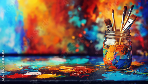 jar with paint and brushes on a colored artistic background, art, creative, gouache, oil, acrylic, watercolor, strokes, stains, illustration, wall, table, studio, artist’s workshop photo