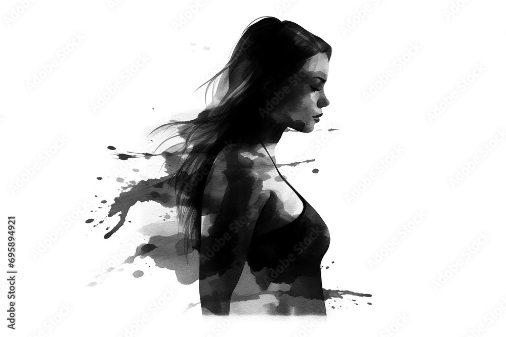Beauty, fashion, make-up and art concept. Beautiful and young woman portrait drawing. Model face drawn in black ink style Beauty, fashion, make-up and art concept. Beautiful and young woman portrait drawing. Model face drawn in black ink style