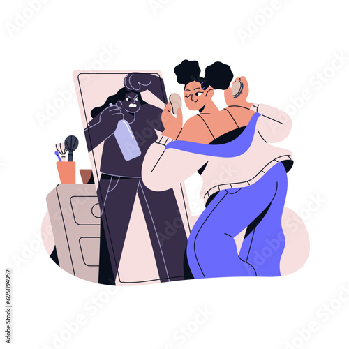 Bad habit addiction problems concept. Cute girl going to party, see in reflection angry drinker with bottle. Drunkard woman in mirror need to drink alcohol. Flat isolated vector illustration on white
