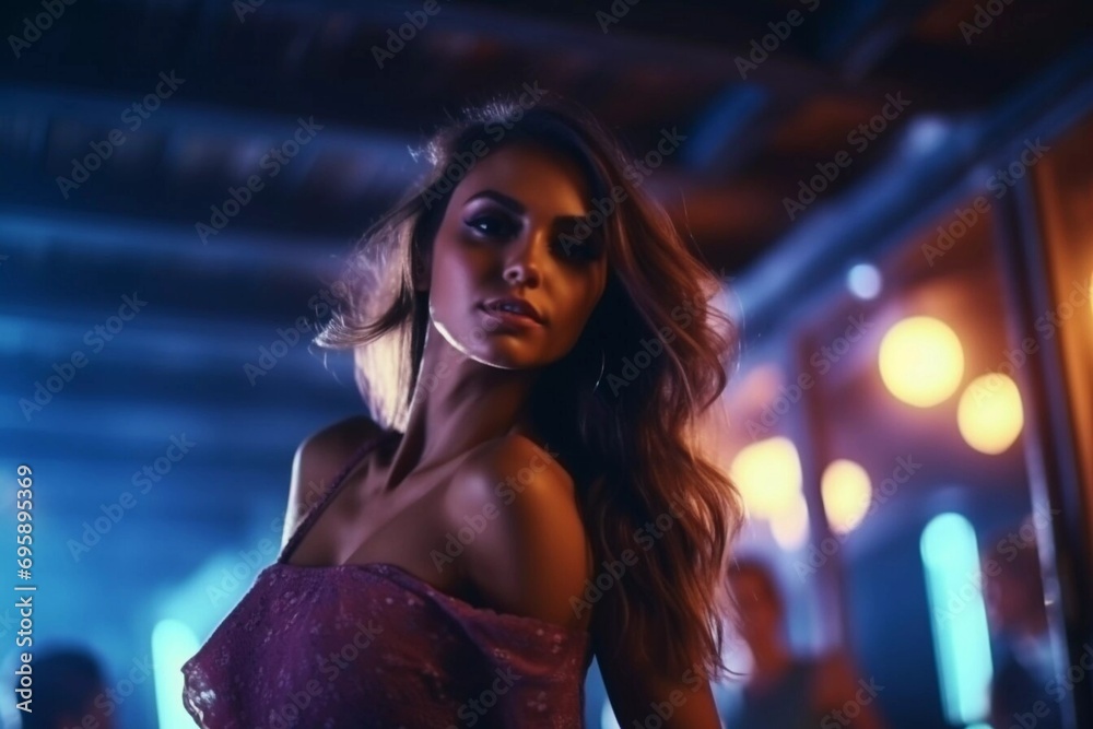 Portrait of party girl dancing in the nightclub with glowing multi-colored lights. Disco woman with curly hairstyle, modern outfit. Amazing style. Portrait of party girl dancing in the nightclub with glowing multi-colored lights. Disco woman with curly hairstyle, modern outfit. Amazing style.