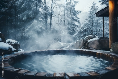 雪が降る中で露天風呂を楽しむ03 photo