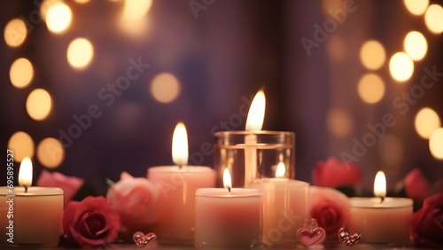 Close-up image showcasing the soft, flickering glow of candles arranged in a romantic setting against a Valentine's Day-themed background, background image, generative AI © Hifzhan Graphics