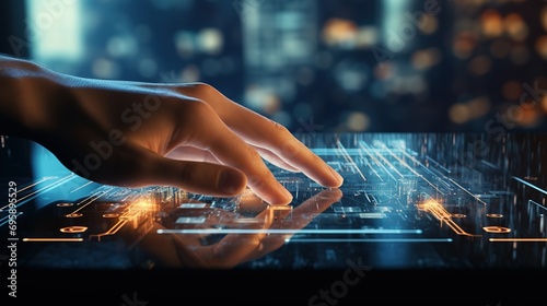 Close up of businessman hand touching image of modern networking digital connection conceptin the style of robotic expressionism photo