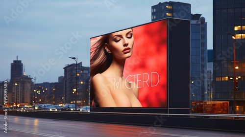 Blank white road billboard with cityscape background. Street advertising poster, mock up, 3D rendering. Side view. The concept of marketing communication to promote or sell idea.