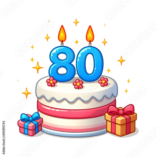 80 year old birthday cake or 80 year anniversary cake celebration with balloons and party decoration transparent background