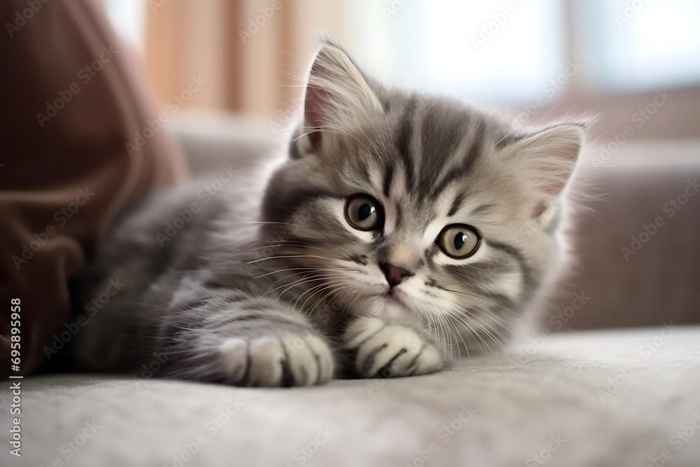 cute pet fluffy kitten in home interior on sofa