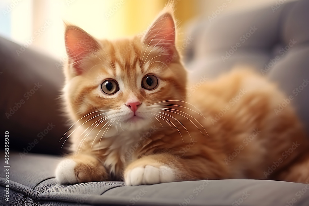 cute pet fluffy kitten in home interior on sofa cute pet fluffy kitten in home interior on sofa
