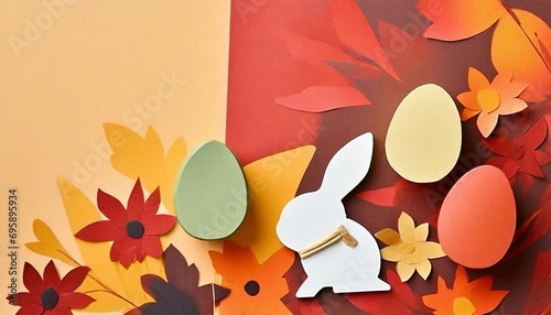 Easter-themed background image include iconic elements such as painted eggs, bunnies, and spring flowers. there are spaces for promotional text and the company logo. photo