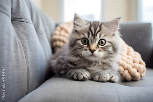 cute pet fluffy kitten in home interior on sofa