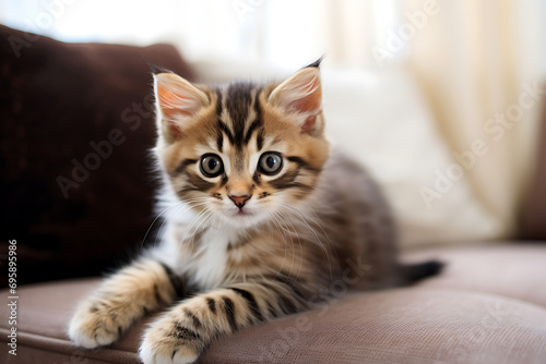 cute pet fluffy kitten in home interior on sofa
