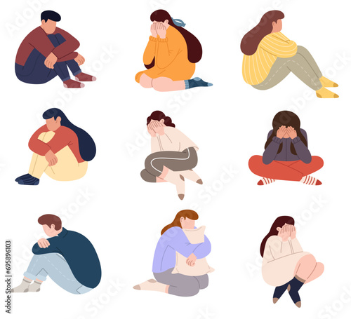 Depressed sad teen characters with psychology problems. Problems stress psychotherapy mental health depression concept