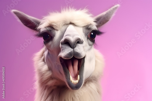 funny llama smiling and taking selfies using a smartphone isolated on a light lilac pink background photo
