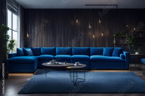 Big, blue and cozy corner sofa in modern living room with big windows open to dark kitchen.