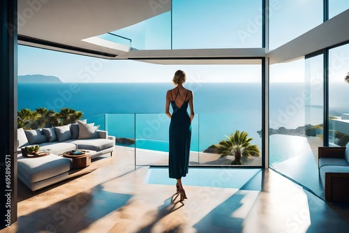 Woman in modern house overlooking ocean.