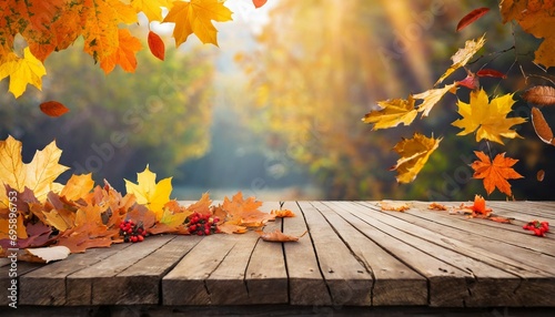 wooden table with orange fall leaves autumn natural background