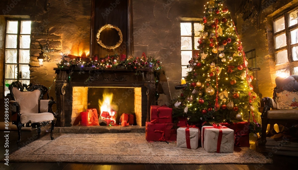 interior christmas magic glowing tree fireplace gifts in dark