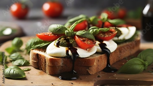 Caprese Sandwich, Sliced tomatoes, fresh mozzarella, and basil leaves on whole-grain bread, drizzled with balsamic glaze or pesto, background image, generative AI