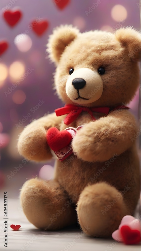 Fototapeta premium Close-up details of a teddy bear holding a heart against a background of Valentine's Day motifs, background image, generative AI