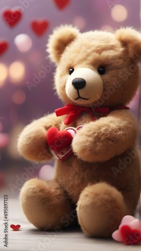 Close-up details of a teddy bear holding a heart against a background of Valentine's Day motifs, background image, generative AI © Hifzhan Graphics