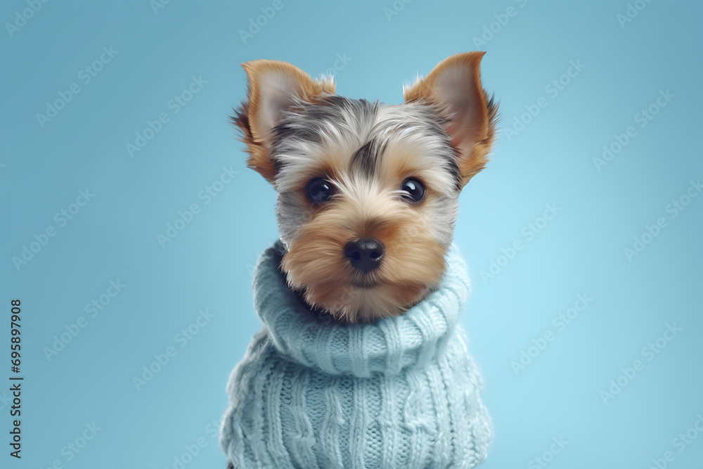portrait of a cute puppy in a knitted sweater isolated on a light blue background.