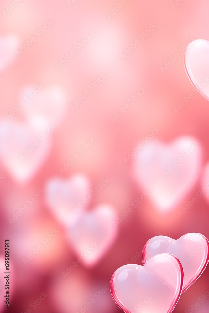 Soft-focus hearts in a radiant pink bokeh effect. Blurry background. Valentine's Day background. Festive graphic designs for holiday card, banner, or wallpapers