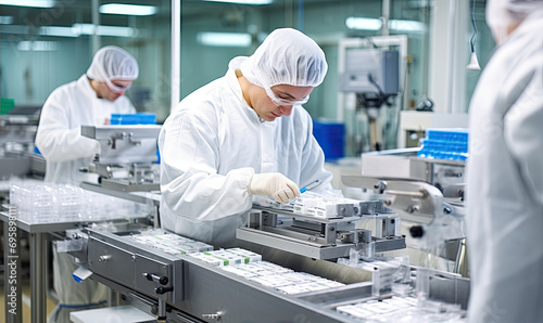 Production line of a pharmaceutical company with workers in safety coats photo