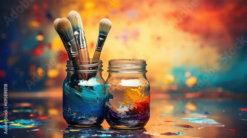 jar with paint and brushes on a colored artistic background, art, creative, gouache, oil, acrylic, watercolor, strokes, stains, illustration, wall, table, studio, artist’s workshop