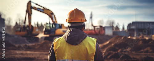 Civil engineer in a reflective jacket with a safety helmet looks into the distance at a construction site with excavator in background photo