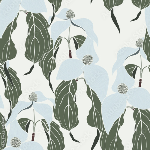 Dogwood seamless pattern. Hand drawn vector pattern with dogwood blossom motif. Botanical Hand Drawn Texture. 