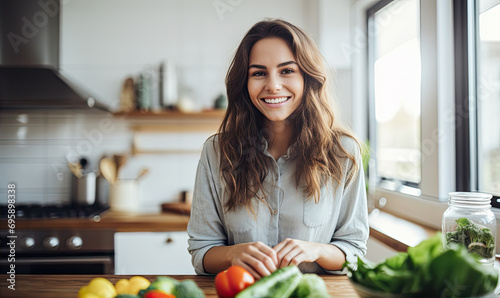 Beautiful young and healthy looking woman in the kitchen is preparing healthy food from tresh vegetables. Healthy lifestyle concept photo