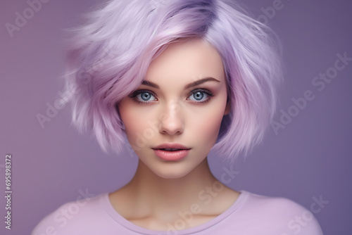 portrait of a young woman with purple hair isolated on a lilac background