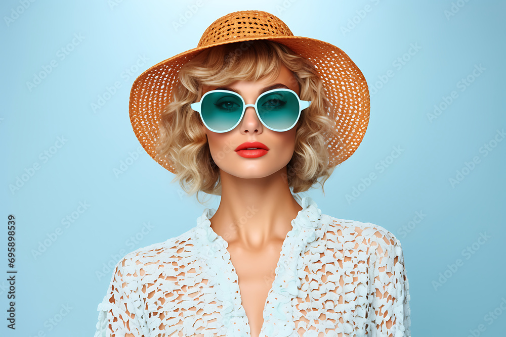 portrait of creative young woman wearing a summer clothing isolated on light blue background - obrazy, fototapety, plakaty 