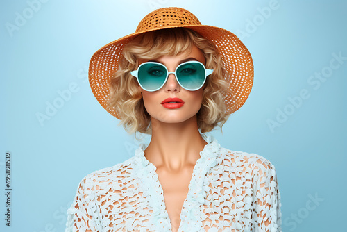portrait of creative young woman wearing a summer clothing isolated on light blue background