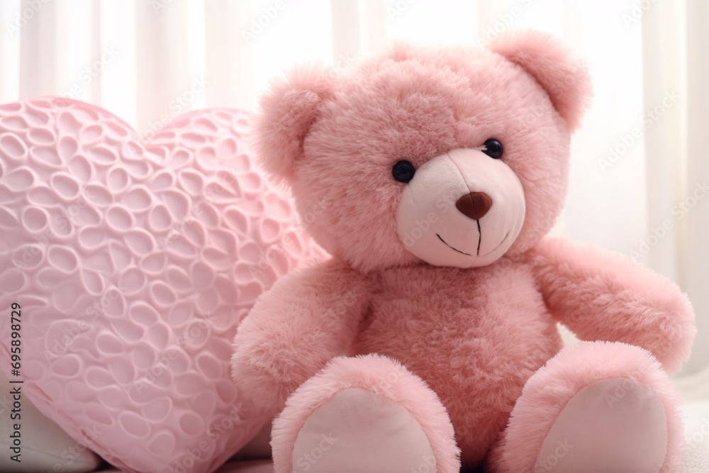 Soft pink teddy bear with a heart-shaped pillow. Tender love concept. Valentine's Day plush. Banner, backdrop, poster. Soft and pastel colors