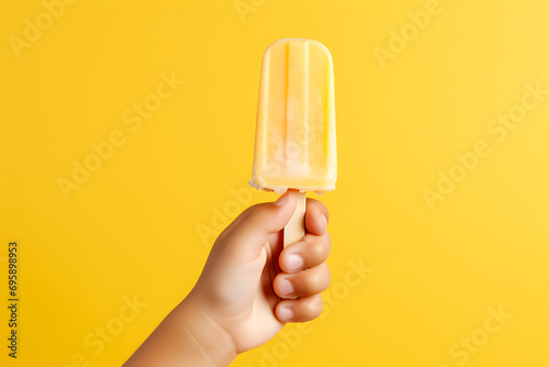 Side view of a child's hand holding fruit ice cream isolated on a yellow background