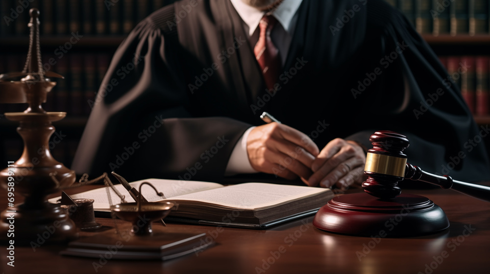 Close-up of the gavel on the judge's table. Trial symbol of the court of justice Judgment of legal cases Close-up of the gavel on the judge's table. Trial symbol of the court of justice Judgment of legal cases