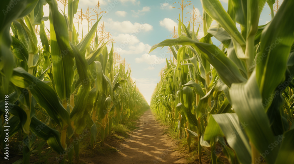 Corn fields are green and beautiful and orderly. where the evening light shines Corn fields are green and beautiful and orderly. where the evening light shines