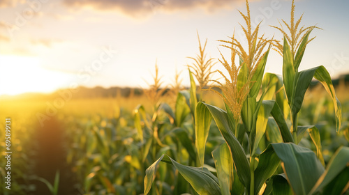 Corn fields are green and beautiful and orderly. where the evening light shines