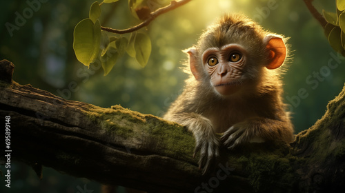 A little monkey on a tree with sunlight shining through it.