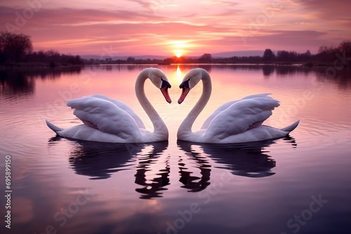 Majestic swans forming a heart silhouette on a serene lake at sunset. Perfect for wedding and romance posters. Nature scene with vibrant sky reflecting in waters. Wildlife concept with space for text
