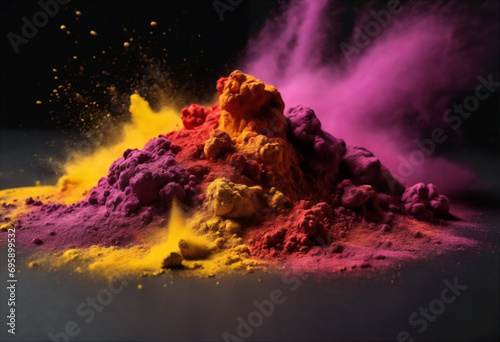 Sinfonia Cromatica- Esplosioni di Polvere Viola, Gialla e Rossa su Sfondo Nero photo