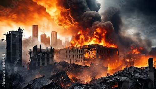 an image representing a destroyed city in a fire storm generative ai