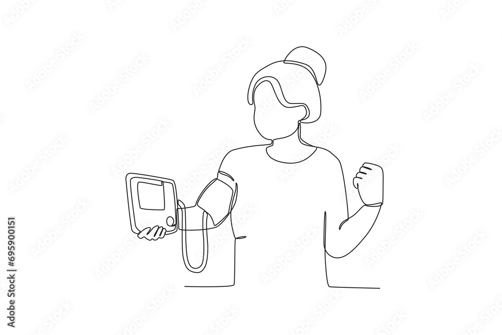 One continuous line drawing of A woman is checking her blood pressure independently at home. Hospital health care concept single line draw design vector illustration
