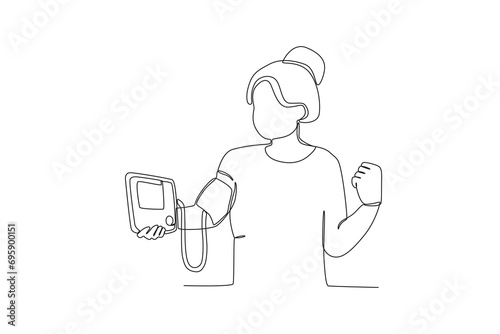 One continuous line drawing of A woman is checking her blood pressure independently at home. Hospital health care concept single line draw design vector illustration

