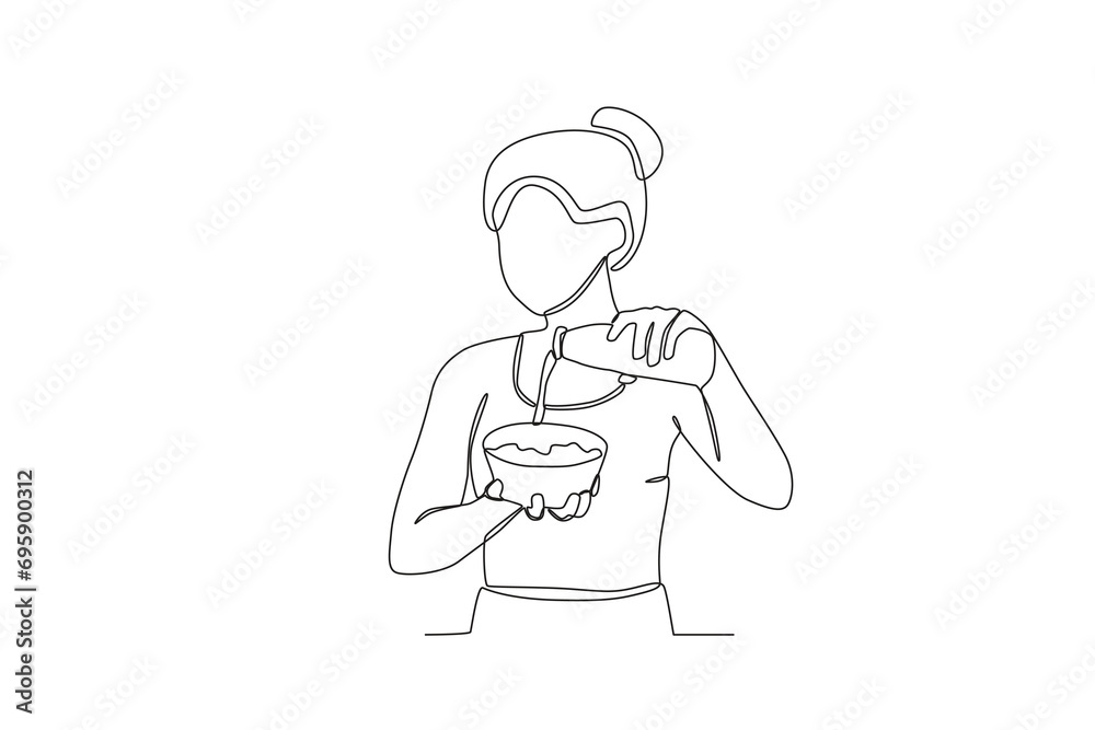 One continuous line drawing of A woman who is eating nutritious food. Hospital health care concept single line draw design vector illustration
