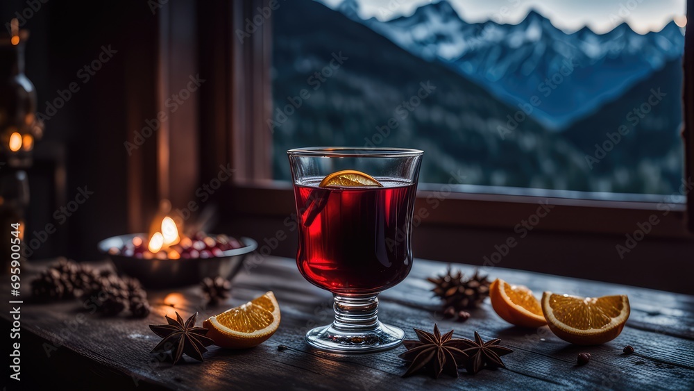 Mulled wine on a wooden board against the background of mountains Mulled wine on a wooden board against the background of mountains
