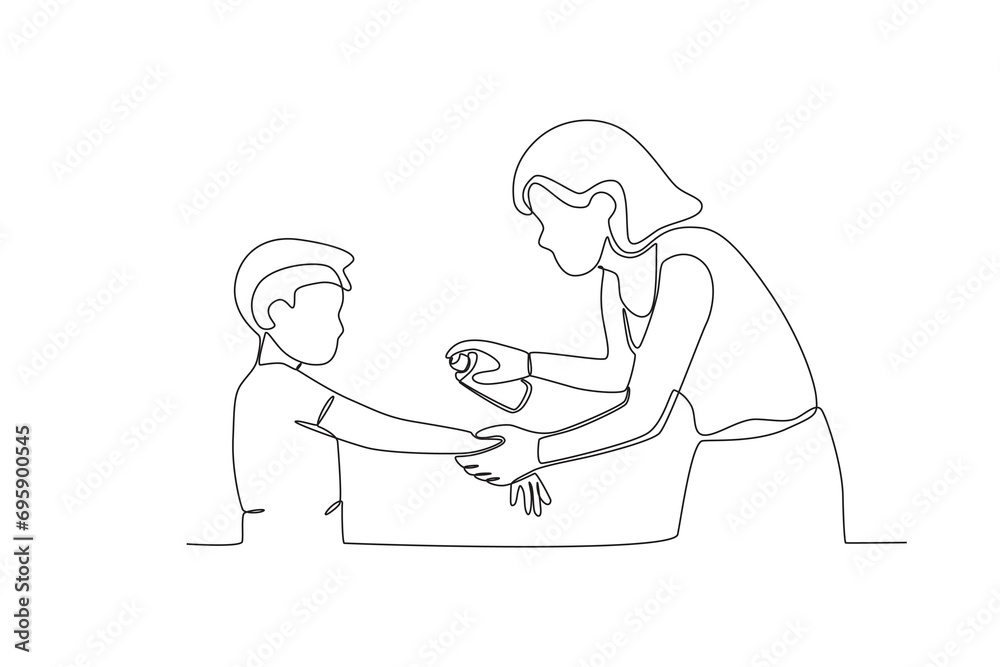 One continuous line drawing of Mother spraying mosquito repellent on her child. Hospital health care concept single line draw design vector illustration
One continuous line drawing of Mother spraying mosquito repellent on her child. Hospital health care concept single line draw design vector illustration