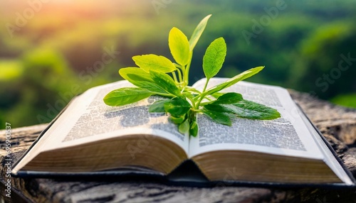 beautiful nature concept with cool leaves and green sprouts symbolizing god s word of life growing on top of a holy bible photo